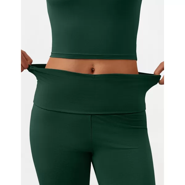 imageZESCA Womens 2 Piece Outfits Lounge Sets Causal Short Sleeve Knit Crop Top Fold over Flare Pants TracksuitsGreen
