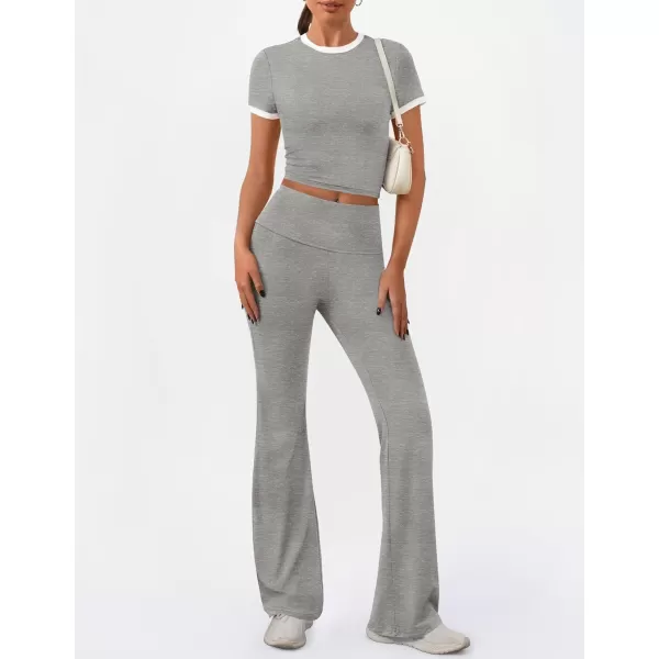 imageZESCA Womens 2 Piece Outfits Lounge Sets Causal Short Sleeve Knit Crop Top Fold over Flare Pants TracksuitsGrey