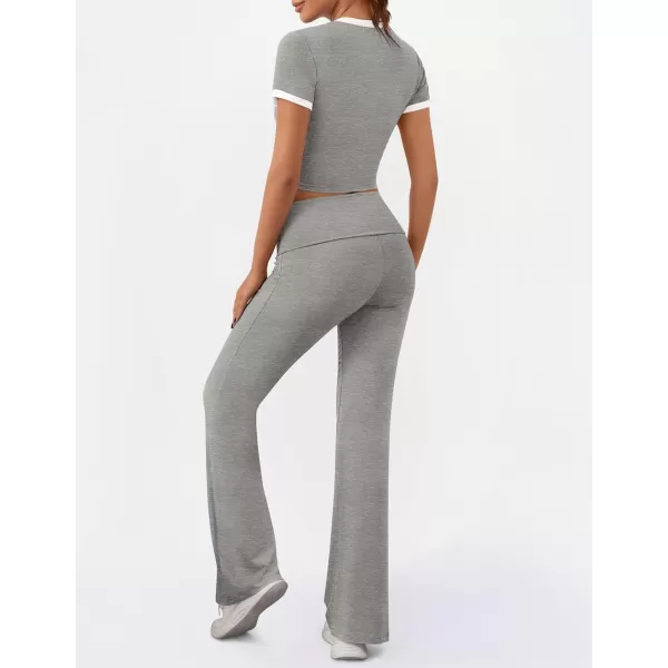 imageZESCA Womens 2 Piece Outfits Lounge Sets Causal Short Sleeve Knit Crop Top Fold over Flare Pants TracksuitsGrey