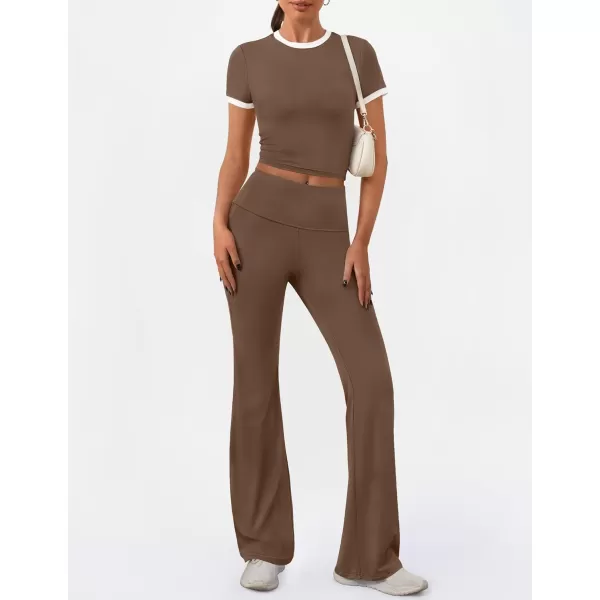 imageZESCA Womens 2 Piece Outfits Lounge Sets Causal Short Sleeve Knit Crop Top Fold over Flare Pants TracksuitsKhaki