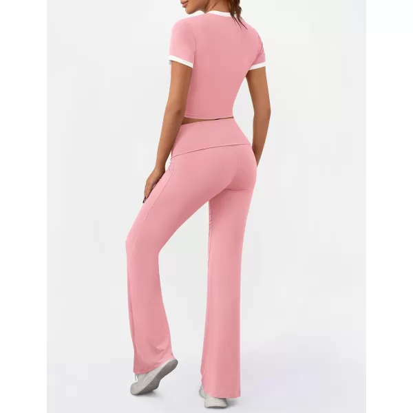 imageZESCA Womens 2 Piece Outfits Lounge Sets Causal Short Sleeve Knit Crop Top Fold over Flare Pants TracksuitsPink
