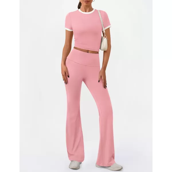 imageZESCA Womens 2 Piece Outfits Lounge Sets Causal Short Sleeve Knit Crop Top Fold over Flare Pants TracksuitsPink
