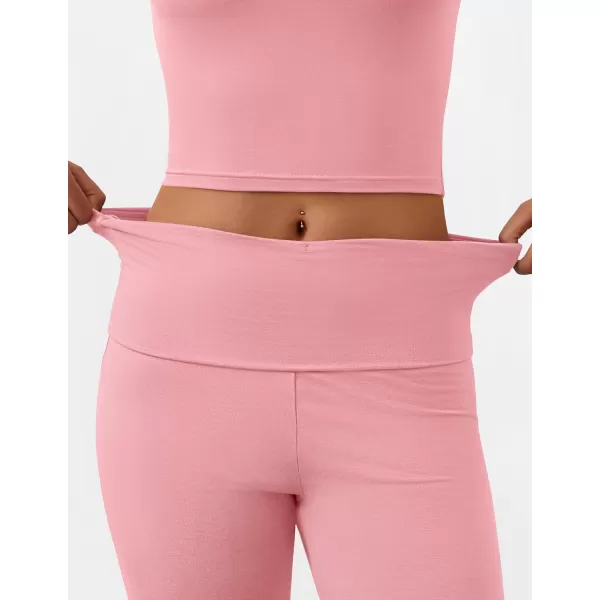 imageZESCA Womens 2 Piece Outfits Lounge Sets Causal Short Sleeve Knit Crop Top Fold over Flare Pants TracksuitsPink