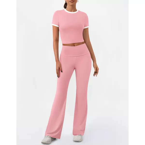 imageZESCA Womens 2 Piece Outfits Lounge Sets Causal Short Sleeve Knit Crop Top Fold over Flare Pants TracksuitsPink