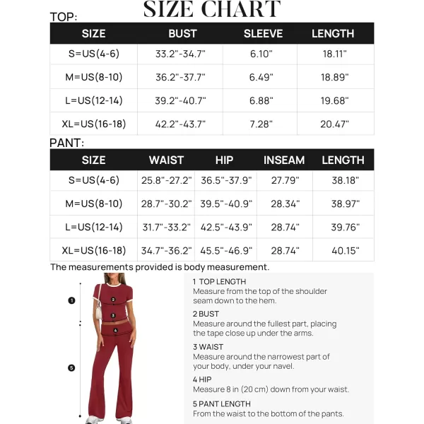 imageZESCA Womens 2 Piece Outfits Lounge Sets Causal Short Sleeve Knit Crop Top Fold over Flare Pants TracksuitsRed