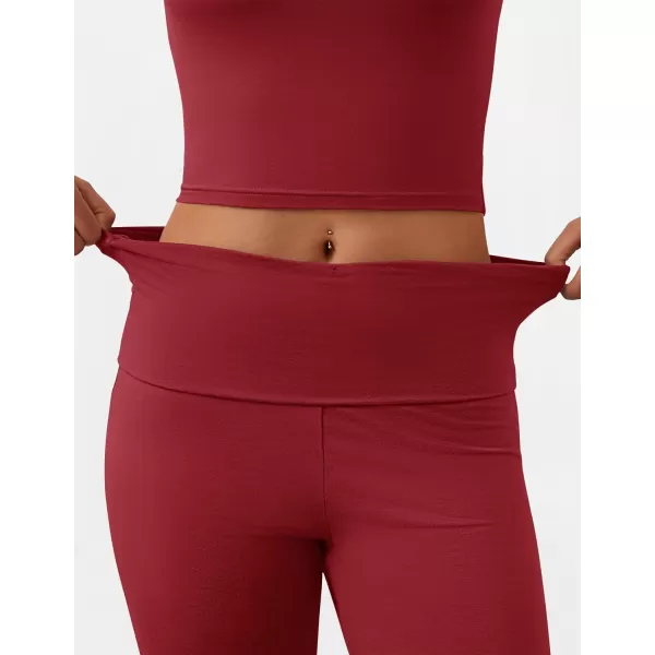imageZESCA Womens 2 Piece Outfits Lounge Sets Causal Short Sleeve Knit Crop Top Fold over Flare Pants TracksuitsRed