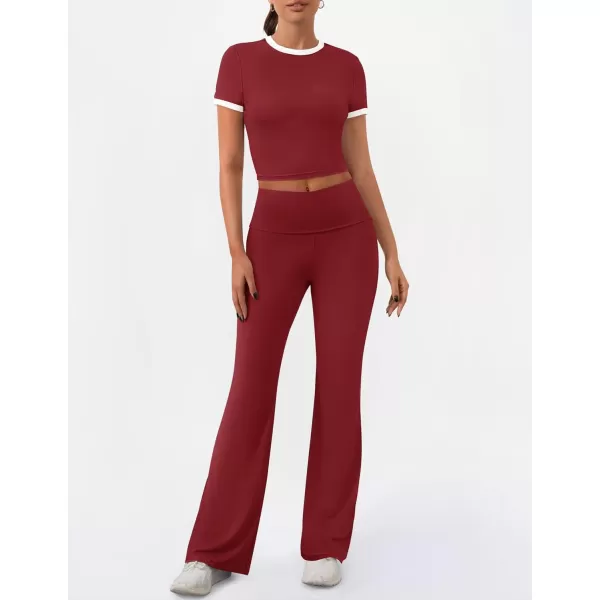 imageZESCA Womens 2 Piece Outfits Lounge Sets Causal Short Sleeve Knit Crop Top Fold over Flare Pants TracksuitsRed