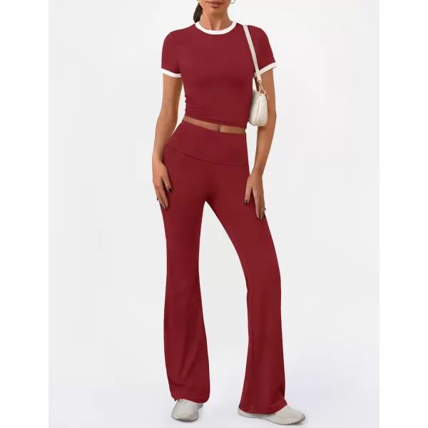 imageZESCA Womens 2 Piece Outfits Lounge Sets Causal Short Sleeve Knit Crop Top Fold over Flare Pants TracksuitsRed