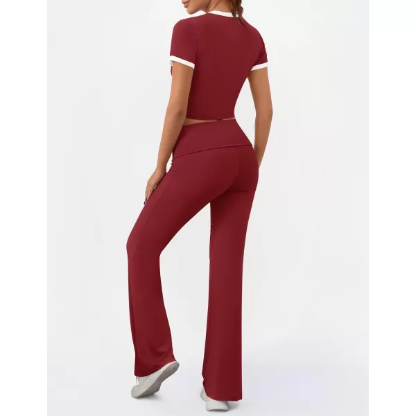 imageZESCA Womens 2 Piece Outfits Lounge Sets Causal Short Sleeve Knit Crop Top Fold over Flare Pants TracksuitsRed