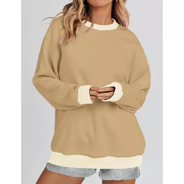 imageZESICA 2023 Sweatshirts for Women Casual Oversized Long Sleeve Crewneck Y2K Fleece Loose Pullover Sweatshirt TopsKhaki