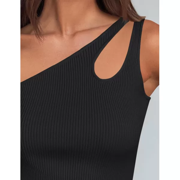 imageZESICA One Shoulder Tops for Women Sleeveless Summer Top Cut Out T Shirt Ribbed Knit Basic Tank Slim Fit 2024 FashionBlack