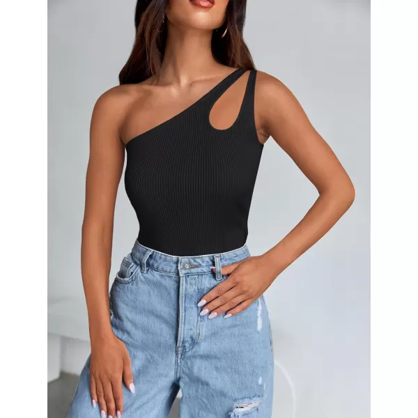 imageZESICA One Shoulder Tops for Women Sleeveless Summer Top Cut Out T Shirt Ribbed Knit Basic Tank Slim Fit 2024 FashionBlack