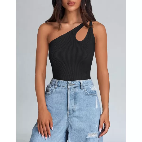 imageZESICA One Shoulder Tops for Women Sleeveless Summer Top Cut Out T Shirt Ribbed Knit Basic Tank Slim Fit 2024 FashionBlack