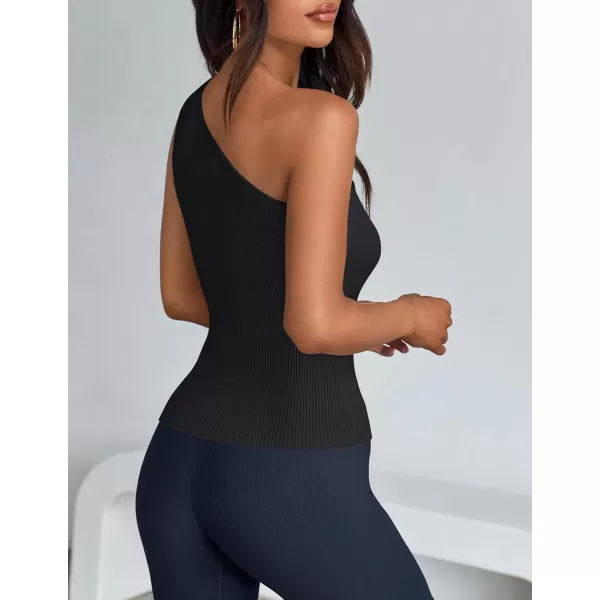 imageZESICA One Shoulder Tops for Women Sleeveless Summer Top Cut Out T Shirt Ribbed Knit Basic Tank Slim Fit 2024 FashionBlack