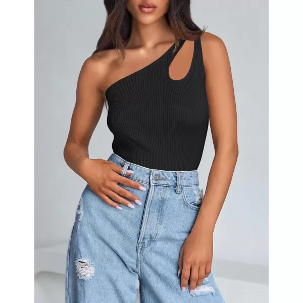 imageZESICA One Shoulder Tops for Women Sleeveless Summer Top Cut Out T Shirt Ribbed Knit Basic Tank Slim Fit 2024 FashionBlack
