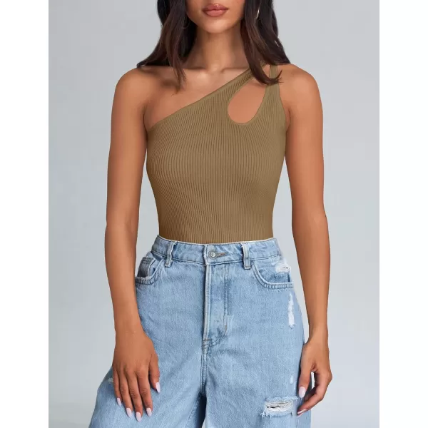 imageZESICA One Shoulder Tops for Women Sleeveless Summer Top Cut Out T Shirt Ribbed Knit Basic Tank Slim Fit 2024 FashionBrown