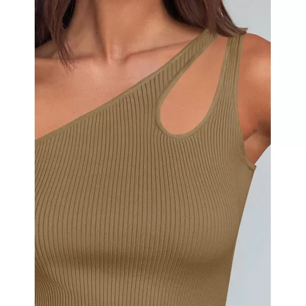 imageZESICA One Shoulder Tops for Women Sleeveless Summer Top Cut Out T Shirt Ribbed Knit Basic Tank Slim Fit 2024 FashionBrown