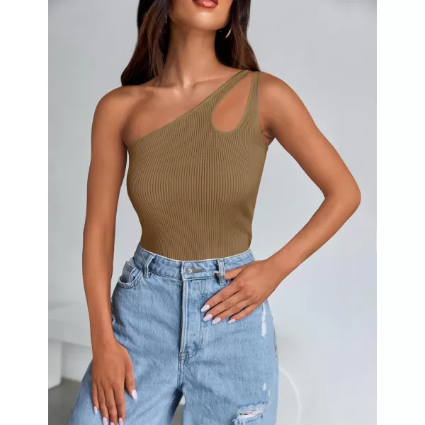 imageZESICA One Shoulder Tops for Women Sleeveless Summer Top Cut Out T Shirt Ribbed Knit Basic Tank Slim Fit 2024 FashionBrown