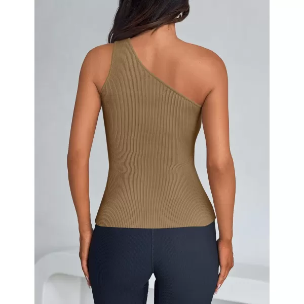 imageZESICA One Shoulder Tops for Women Sleeveless Summer Top Cut Out T Shirt Ribbed Knit Basic Tank Slim Fit 2024 FashionBrown