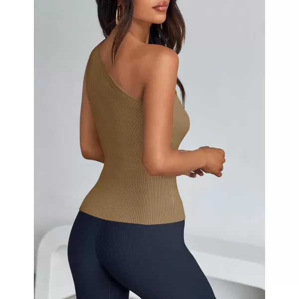 imageZESICA One Shoulder Tops for Women Sleeveless Summer Top Cut Out T Shirt Ribbed Knit Basic Tank Slim Fit 2024 FashionBrown