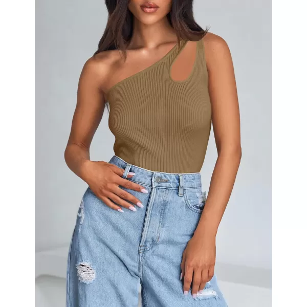 imageZESICA One Shoulder Tops for Women Sleeveless Summer Top Cut Out T Shirt Ribbed Knit Basic Tank Slim Fit 2024 FashionBrown