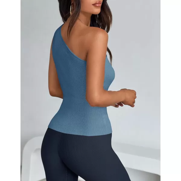 imageZESICA One Shoulder Tops for Women Sleeveless Summer Top Cut Out T Shirt Ribbed Knit Basic Tank Slim Fit 2024 FashionGray Blue