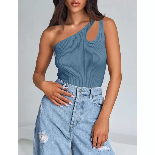imageZESICA One Shoulder Tops for Women Sleeveless Summer Top Cut Out T Shirt Ribbed Knit Basic Tank Slim Fit 2024 FashionGray Blue