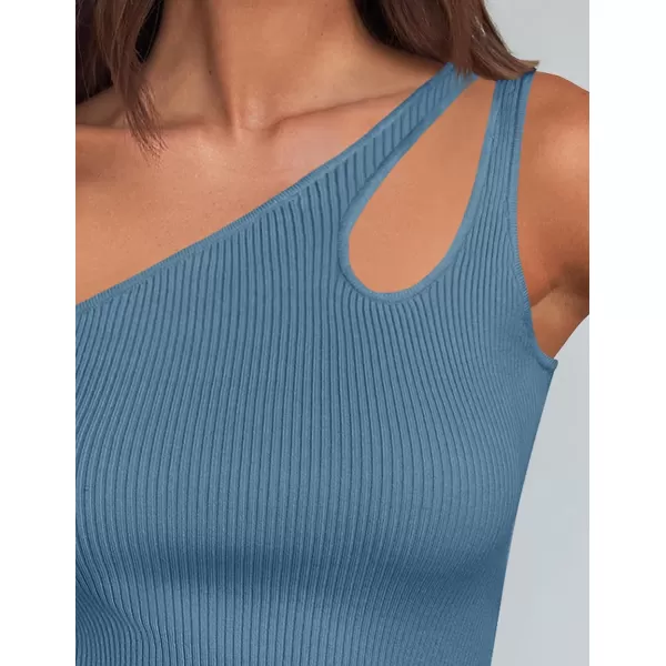 imageZESICA One Shoulder Tops for Women Sleeveless Summer Top Cut Out T Shirt Ribbed Knit Basic Tank Slim Fit 2024 FashionGray Blue
