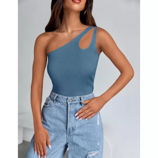 imageZESICA One Shoulder Tops for Women Sleeveless Summer Top Cut Out T Shirt Ribbed Knit Basic Tank Slim Fit 2024 FashionGray Blue