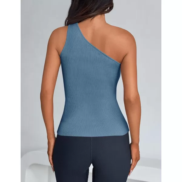 imageZESICA One Shoulder Tops for Women Sleeveless Summer Top Cut Out T Shirt Ribbed Knit Basic Tank Slim Fit 2024 FashionGray Blue