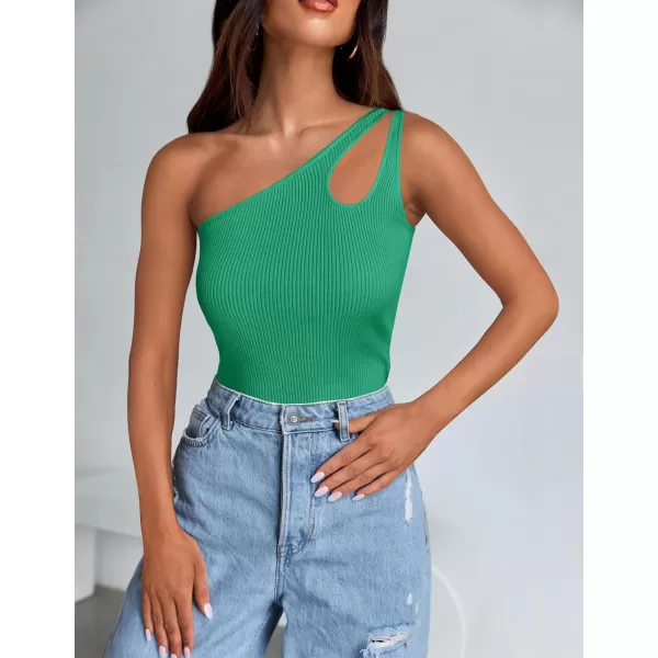 imageZESICA One Shoulder Tops for Women Sleeveless Summer Top Cut Out T Shirt Ribbed Knit Basic Tank Slim Fit 2024 FashionGreen