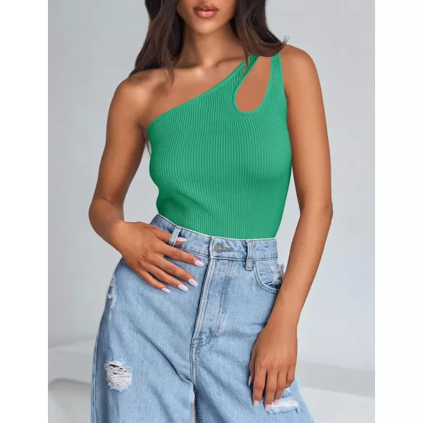 imageZESICA One Shoulder Tops for Women Sleeveless Summer Top Cut Out T Shirt Ribbed Knit Basic Tank Slim Fit 2024 FashionGreen