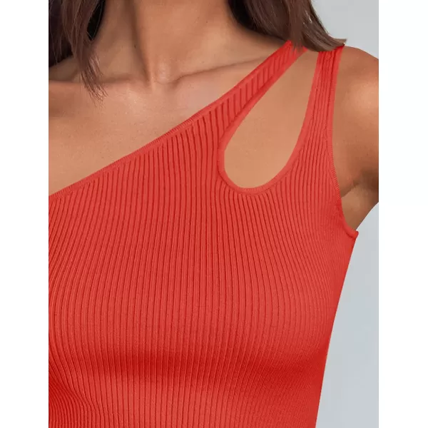 imageZESICA One Shoulder Tops for Women Sleeveless Summer Top Cut Out T Shirt Ribbed Knit Basic Tank Slim Fit 2024 FashionOrange Red
