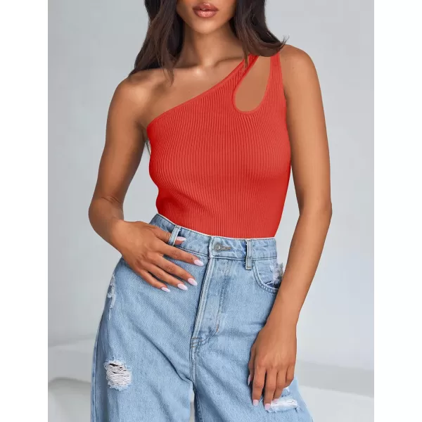 imageZESICA One Shoulder Tops for Women Sleeveless Summer Top Cut Out T Shirt Ribbed Knit Basic Tank Slim Fit 2024 FashionOrange Red