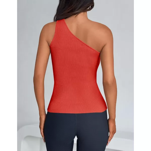 imageZESICA One Shoulder Tops for Women Sleeveless Summer Top Cut Out T Shirt Ribbed Knit Basic Tank Slim Fit 2024 FashionOrange Red
