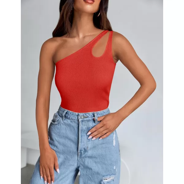 imageZESICA One Shoulder Tops for Women Sleeveless Summer Top Cut Out T Shirt Ribbed Knit Basic Tank Slim Fit 2024 FashionOrange Red