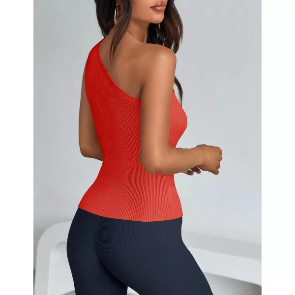 imageZESICA One Shoulder Tops for Women Sleeveless Summer Top Cut Out T Shirt Ribbed Knit Basic Tank Slim Fit 2024 FashionOrange Red