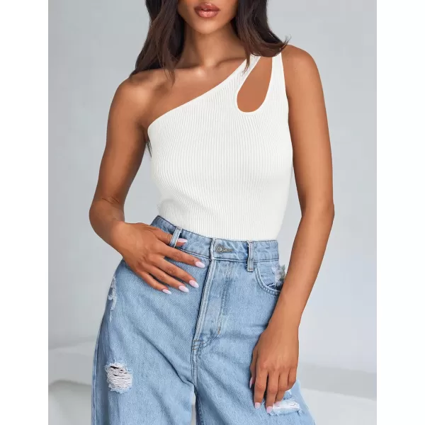 imageZESICA One Shoulder Tops for Women Sleeveless Summer Top Cut Out T Shirt Ribbed Knit Basic Tank Slim Fit 2024 FashionWhite