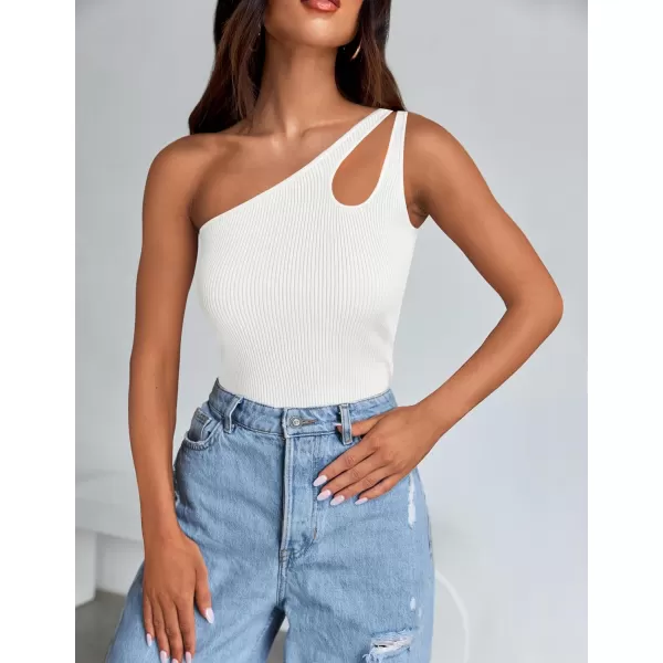imageZESICA One Shoulder Tops for Women Sleeveless Summer Top Cut Out T Shirt Ribbed Knit Basic Tank Slim Fit 2024 FashionWhite
