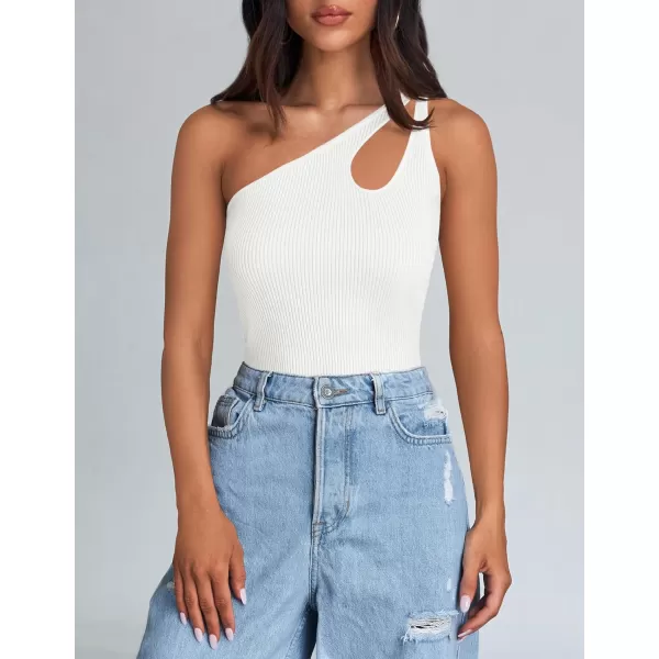imageZESICA One Shoulder Tops for Women Sleeveless Summer Top Cut Out T Shirt Ribbed Knit Basic Tank Slim Fit 2024 FashionWhite