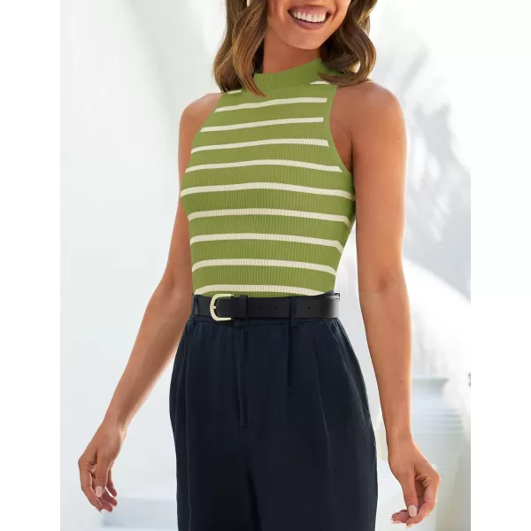 imageZESICA Ribbed Tank Top for Women Summer Sleeveless Shirts High Neck Striped Basic Casual Slim Fitted 2024 FashionAvocadogreen