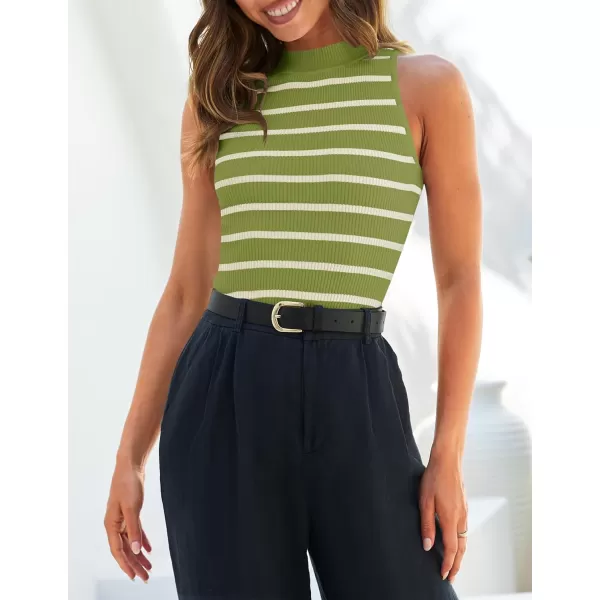 imageZESICA Ribbed Tank Top for Women Summer Sleeveless Shirts High Neck Striped Basic Casual Slim Fitted 2024 FashionAvocadogreen