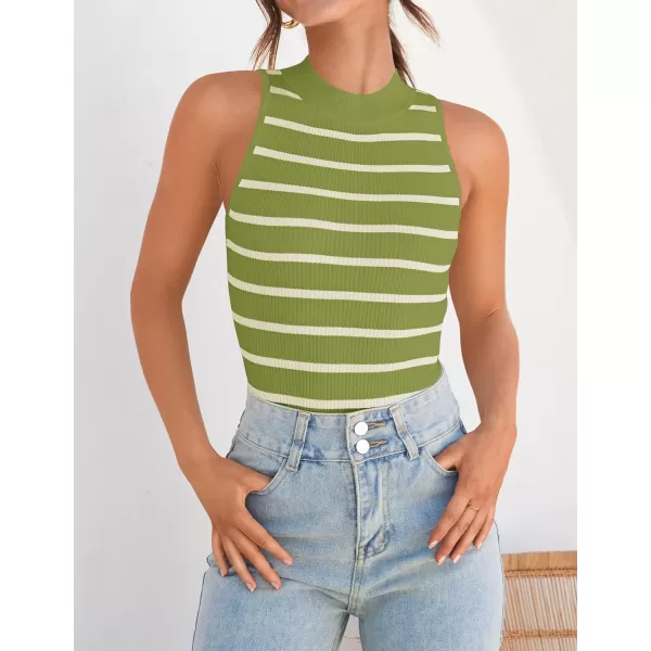 imageZESICA Ribbed Tank Top for Women Summer Sleeveless Shirts High Neck Striped Basic Casual Slim Fitted 2024 FashionAvocadogreen