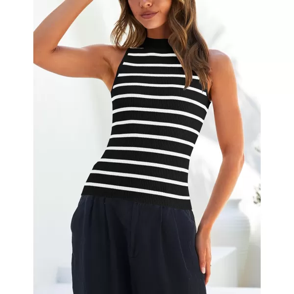 imageZESICA Ribbed Tank Top for Women Summer Sleeveless Shirts High Neck Striped Basic Casual Slim Fitted 2024 FashionBlack