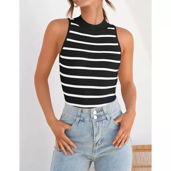 imageZESICA Ribbed Tank Top for Women Summer Sleeveless Shirts High Neck Striped Basic Casual Slim Fitted 2024 FashionBlack