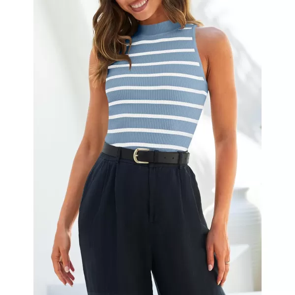imageZESICA Ribbed Tank Top for Women Summer Sleeveless Shirts High Neck Striped Basic Casual Slim Fitted 2024 FashionBlue