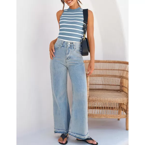 imageZESICA Ribbed Tank Top for Women Summer Sleeveless Shirts High Neck Striped Basic Casual Slim Fitted 2024 FashionBlue