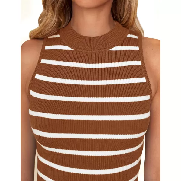 imageZESICA Ribbed Tank Top for Women Summer Sleeveless Shirts High Neck Striped Basic Casual Slim Fitted 2024 FashionBrown