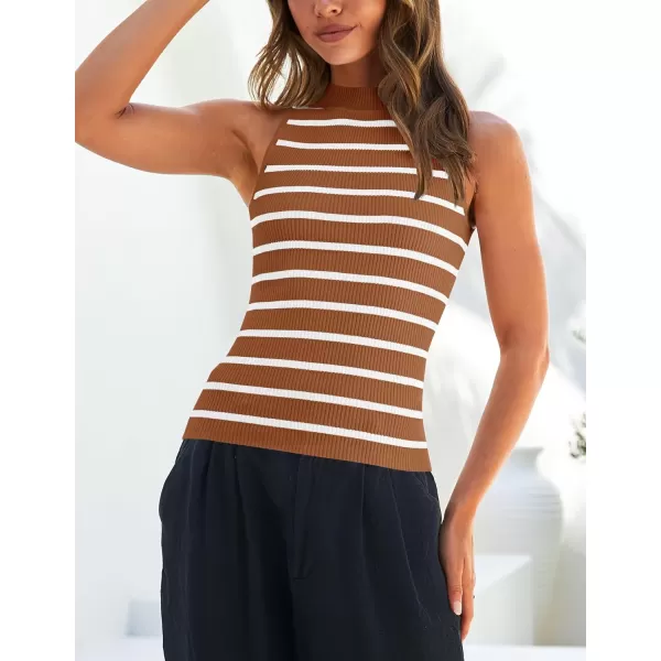 imageZESICA Ribbed Tank Top for Women Summer Sleeveless Shirts High Neck Striped Basic Casual Slim Fitted 2024 FashionBrown