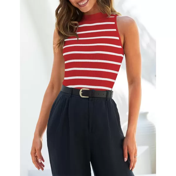 imageZESICA Ribbed Tank Top for Women Summer Sleeveless Shirts High Neck Striped Basic Casual Slim Fitted 2024 FashionRed